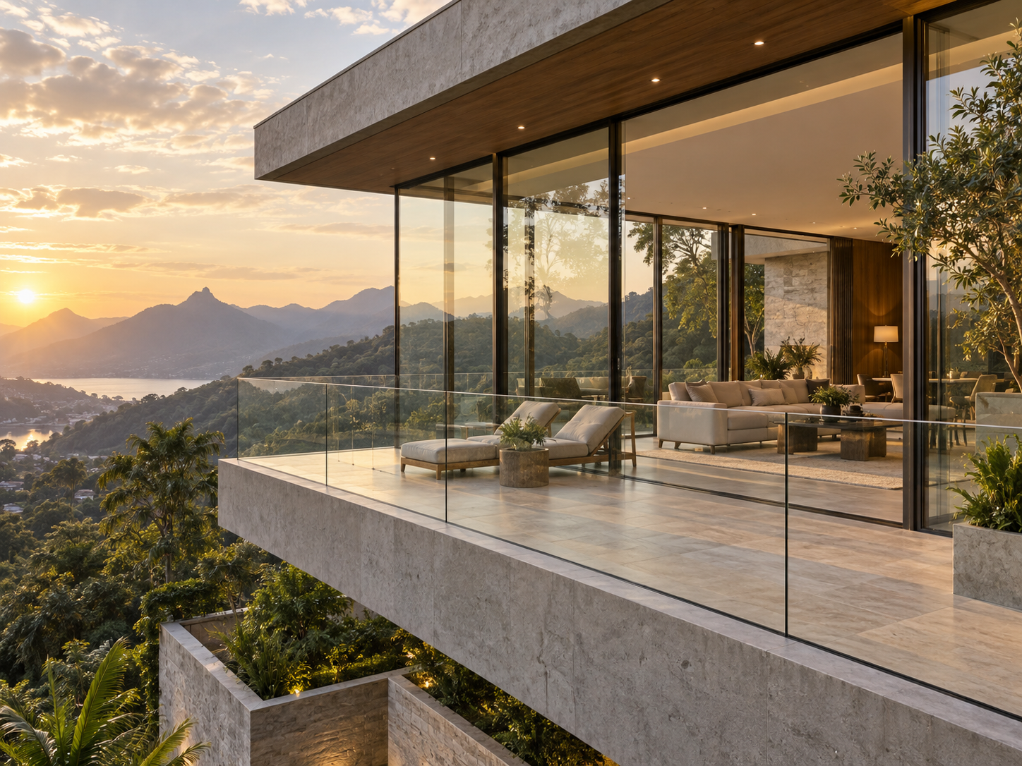 Residência contemporânea com fachada envidraçada e guarda-corpo transparente integrada à paisagem